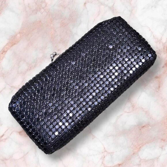 Vintage Bags by Marlo Metal Mesh Kisslock Clutch Black Copper Silver Retro - Picture 7 of 10